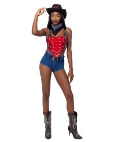 Western Cowgirl Chic Set (Color: Blue/Red/Black, size: S)